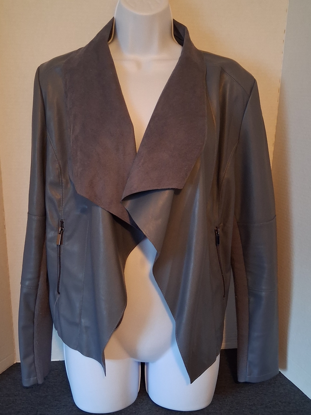 Bagatelle Blue-Gray Pleather-Blend Open Draped Jacket With Real Zipper Pockets M